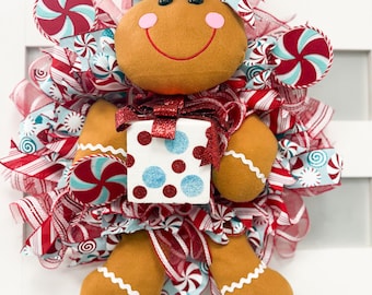Gingerbread Candyland Christmas Wreath | Peppermint Red & Aqua Holiday Door Decor | Gingerbread Girl with Gift | Whimsical Christmas Wreath
