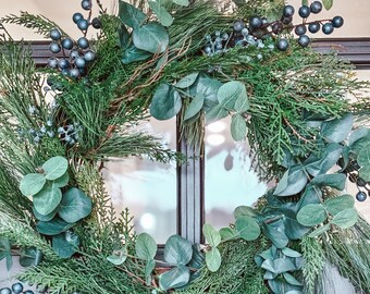 Modern Farmhouse Rustic Cyprus Pine and Eucalyptus Blue Berry Wreath for front door, Winter Wreath Modern, Eucalyptus Wreath for Porch
