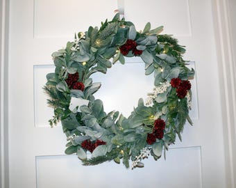 Modern Farmhouse Lambs Ear Christmas Red Glitter Pinecone and White Berries Wreath for front door, Christmas Wreath Modern, Christmas Decor