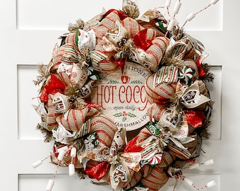 Christmas Deco Mesh Hot Cocoa Wreath for Front Door, Marshmallow Wreath, Farmhouse Christmas Decor, Red Christmas Wreath