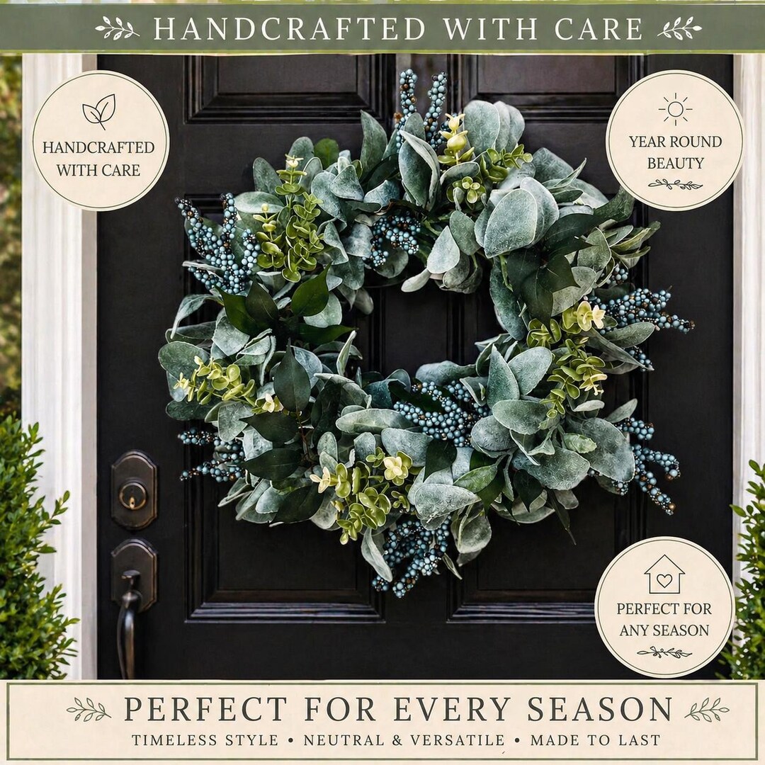 Year Round Greenery Wreath for Front Door | Lambs Ear Eucalyptus Wreath ...