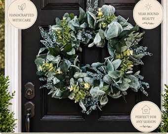 Year Round Greenery Wreath for Front Door | Lambs Ear Eucalyptus Wreath | Neutral Farmhouse Decor | Everyday Door Wreath