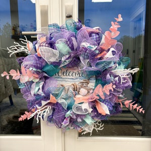 Purple and Coral Beach Welcome Summer Wreath for Front Door, Beach Wreath, Seashell Wreath, Lake House Decor, Seashell Decor, Summer Wreaths