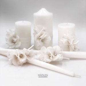 Wedding Unity Candles Set, Wedding Candles, Ivory Candles, Candles With Flower Decoration, 5 pcs