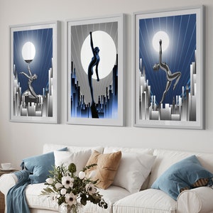 Navy Blue Art Deco Women Prints Trio, Enhance Your Living Room, Elegant Women Artwork for Wall Decor, Chic Home Decor