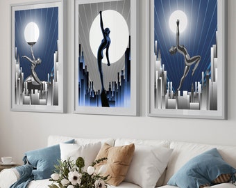 Marineblau Art Deco Frauen Druckt Trio, Chic Home Decor
