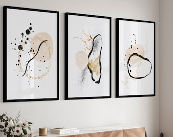 Abstract Wall Art Set - Black, Cream & Gold Gouache Shapes - Modern Home Decor - Chic Housewarming Gift