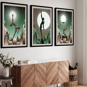 Green Art Deco Women Prints, Set of 3 Vintage Inspired Wall Art, Perfect for Home Decor, Unique Gift for Art Lovers