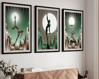 Green Art Deco Women Prints, Set of 3 Vintage Inspired Wall Art, Perfect for Home Decor, Unique Gift for Art Lovers