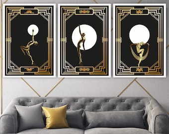 Gold Effect Art Deco Women Prints, Vintage Gallery Wall Art, Set of 3