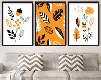 Black and Orange Set of 3 Prints - Botanical Autumn Leaves Botanical Wall Art Picture