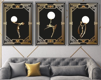 Art Deco Women Globe Art Prints, Vintage Gold Effect, Perfect for Home Decor, Unique Gift for Art Lovers