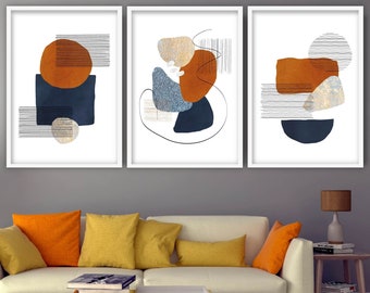 Abstract Set of 3 Prints - Terracotta and Watercolour Navy Blue Shapes