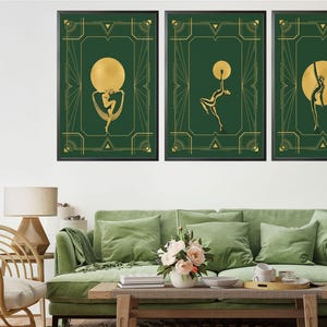Green and Gold Art Deco Women Prints, Set of 3 Vintage Inspired Wall Art Decor, Retro Home Decor, Elegant Wall Art for Her