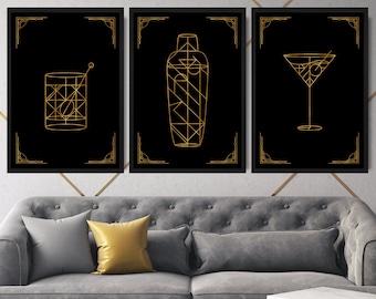Art Deco Cocktail Prints, Black and Gold Home Bar Art, Set of 3