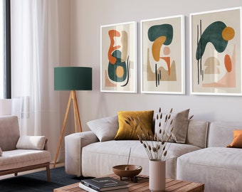 Mid Century Modern Geometric Art Print Set of 3, Boho Home Decor