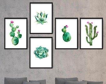 Watercolour Cactus Succulent Prints, Vibrant Tropical Botanical Wall Art Set of 5, Great Addition to Home Decor, Thoughtful Gift