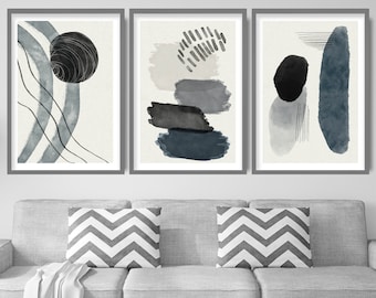 Abstract Set of 3 Prints - Black and Grey Watercolour Shapes Wall Art Gallery Pictures