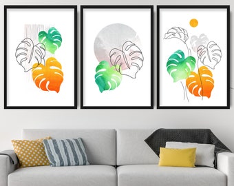 Tropical Watercolour Leaf Prints, Set of 3 in Vibrant Orange And Green, Perfect for Home Decor, Ideal Housewarming Gift