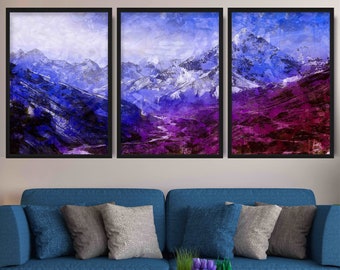 Montanhas texturizadas abstratas, conjunto de 3 impressões, pôster aquarela azul-roxo