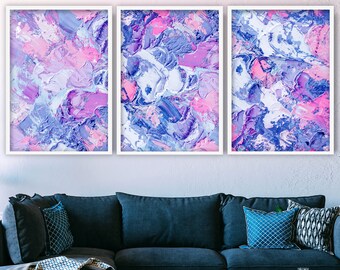 Abstract Pink and Blue Set of 3 Prints- Oil Paint Textured Contemporary Wall Art Pictures