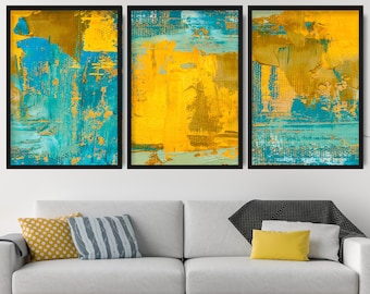 Abstract Set of 3 Prints - Blue & Yellow Art Prints from Original Textured Painting