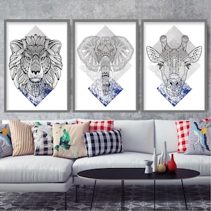 Set of 3 Prints Tribal Geometric Lion Elephant Giraffe Head Art Print Navy Grey Aztec Gallery Wall Poster Decor Gift