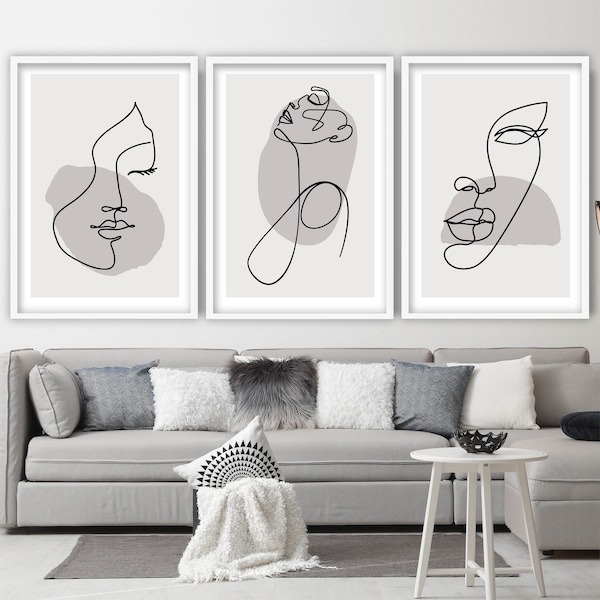 Chic Beige & Grey Face Line Art - Set of 3 Modern Prints, Elegant Wall Art for Home Decor, Unique Housewarming Gift