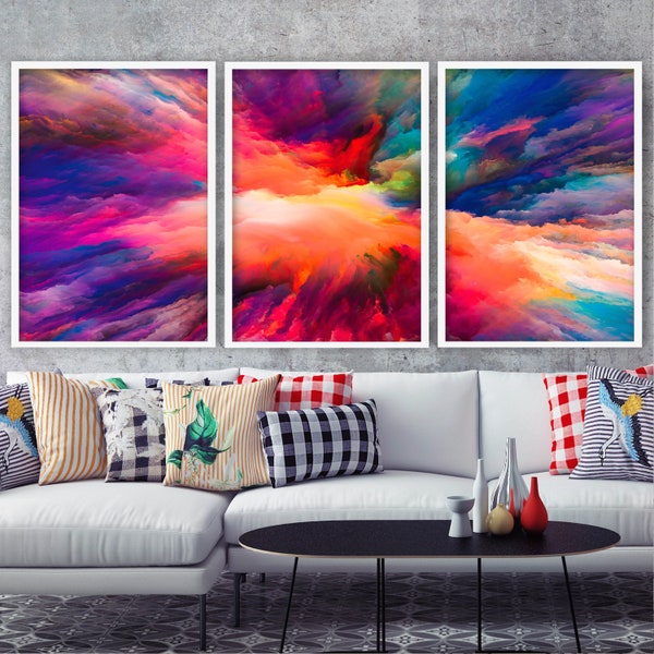 Abstract Set of 3 Prints - Bright Multi Colour Splash Texture Art Print