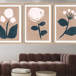 Conjunto de 3 impresiones de imágenes botánicas con flores abstractas de rosas blancas