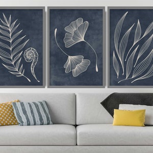 Conjunto minimalista de 3 impresiones: imagen artística con contorno de hojas florales botánicas tropicales