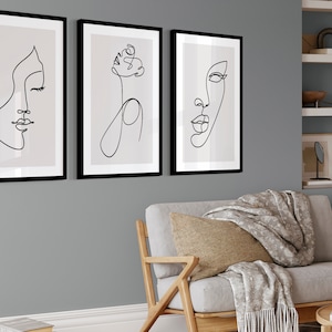 Arte lineal minimalista con caras: juego de 3 impresiones en negro y gris, decoración de pared moderna, obra de arte elegante para el hogar, regalo único para inauguración de la casa.