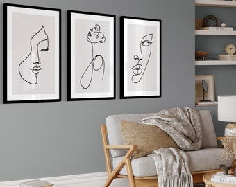 Facce d'arte linea minimalista - Set di 3 stampe nere e grigie, decorazioni murali moderne, opere d'arte chic per la casa, regalo unico di inaugurazione della casa