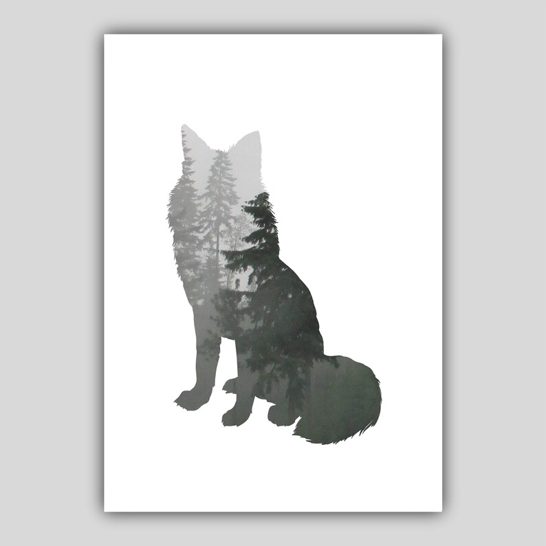 Forest Fog Fox Sitting Woodland Art Print Nordic Wildlife Animal Gallery Wall Poster Decor Gift