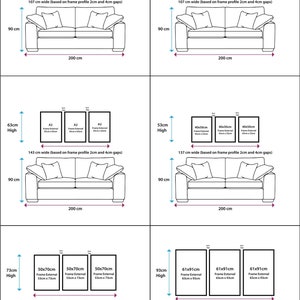 K&ouml;nnte beinhalten: Ein Diagramm, das verschiedene Gr&ouml;&szlig;en von gerahmten Kunstwerken zeigt und wie sie &uuml;ber einem 90 cm breiten Sofa aussehen w&uuml;rden. Das Diagramm zeigt die Gesamtbreite des Kunstwerks, einschlie&szlig;lich des Rahmens, und die Ma&szlig;e des Sofas.
