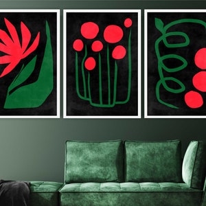 Conjunto abstracto de 3 impresiones: imagen botánica de flores rojas