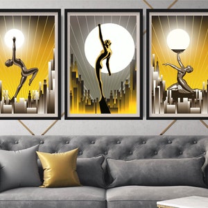 Yellow Art Deco Women Prints, Set of 3, Perfect Home Decor, Unique Gift for Art Lovers