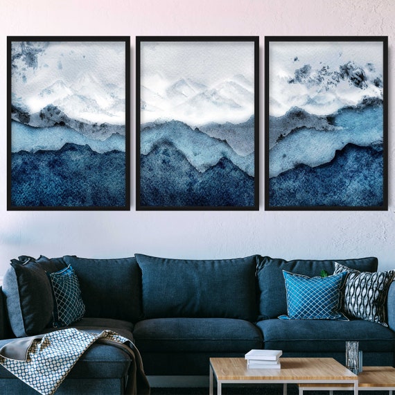 Set of 3 Abstract Prints Navy Blue Watercolour Wave Snow - Etsy