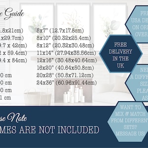 May include: Size guide for art prints with measurements in inches and centimeters.  The text says "Free USA Delivery on orders over $35", "Free Delivery in the UK", "Need a different size? Please ask", and "Want to mix & match from different sets? Message us!"