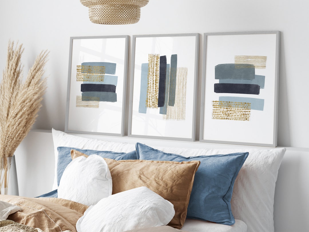 Blue & Gold Abstract Prints - Set of 3 Chic Wall Art - Etsy