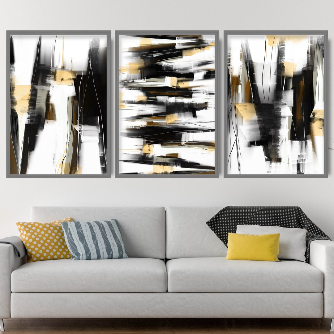 Abstract Black & Yellow Set of 3 Art Prints From Original Textured ...