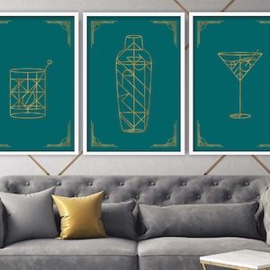 Set of 3 Prints-Art Deco Poster, Teal Print, Art Deco Print, Art Deco, Wall Art Print, Art Deco Wall Art, Gold Art Print, Cocktails Print