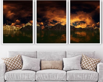 Abstract Set of 3 Prints Orange Yellow Gold Mountains Sunset Wall Art Pictures