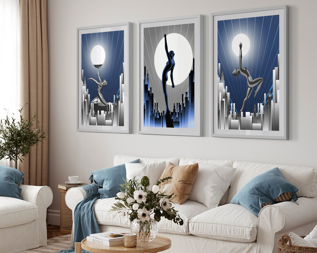 Navy Blue Art Deco Women Prints Trio, Enhance Your Living Room, Elegant