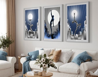 Navy Blue Art Deco Women Prints Trio, Enhance Your Living Room, Elegant Women Artwork for Wall Decor, Chic Home Decor