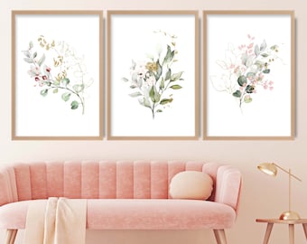 Set of 3 Prints- Pink Floral Sage green leaves wall art posters with gold effect