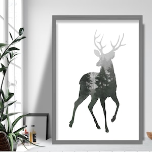 Forest Fog Stag Woodland Art Print Nordic Wildlife Animal Gallery Wall Poster Decor Gift