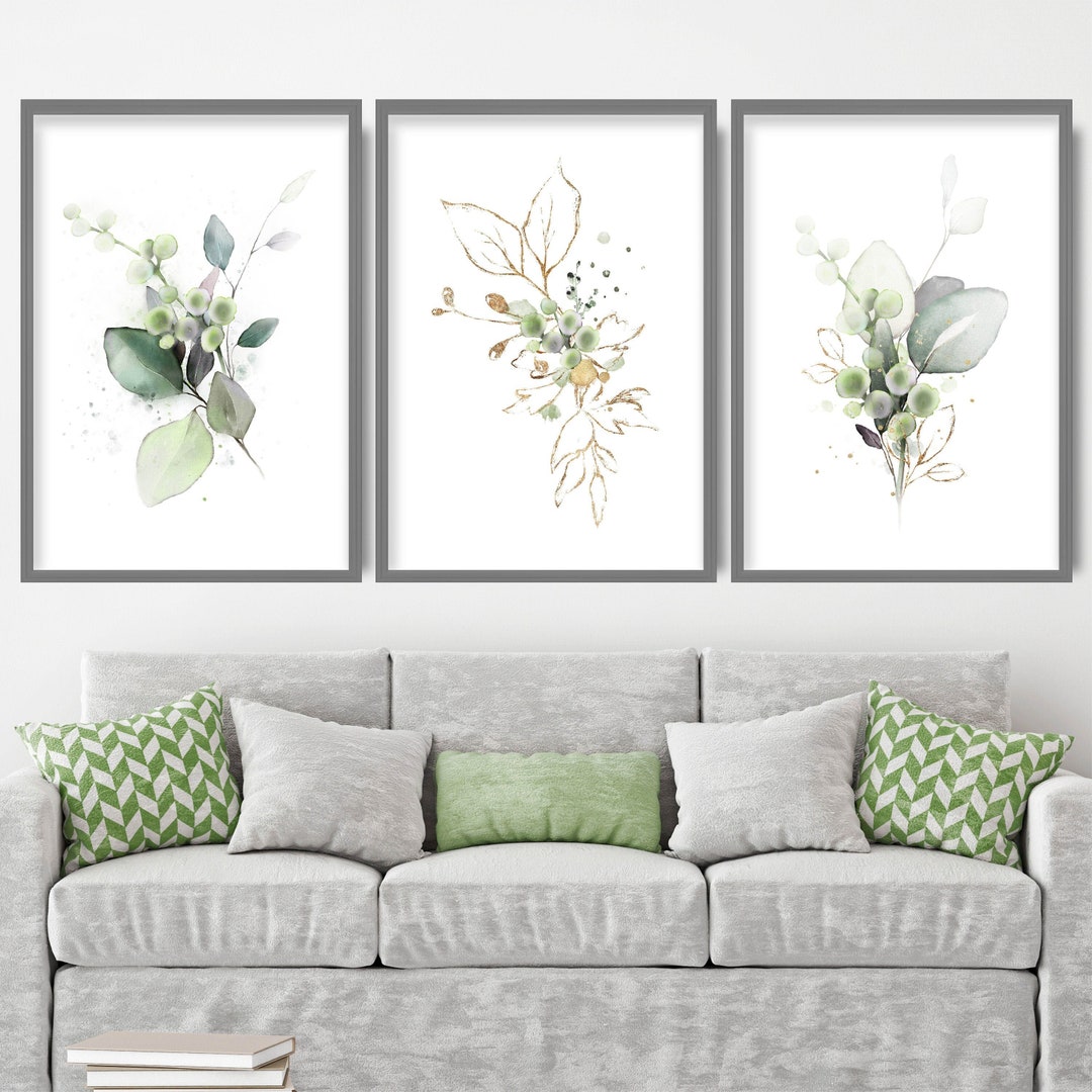 Green Herbal Botanical Prints Set of 3, Gallery Wall Art, Gold Effect ...