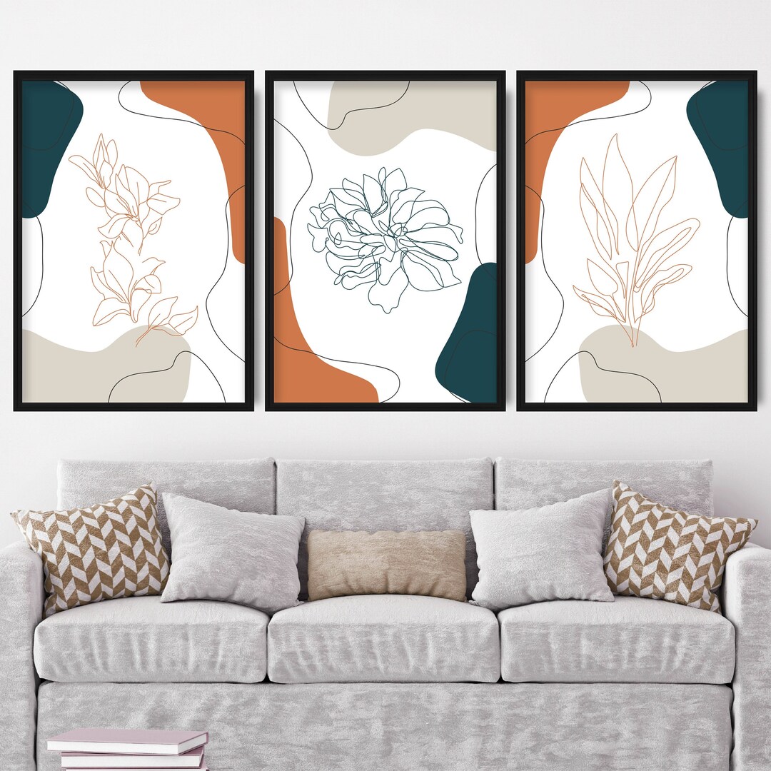 Terracotta Green Floral Prints - Set of 3 Boho Mid Century Line Art ...