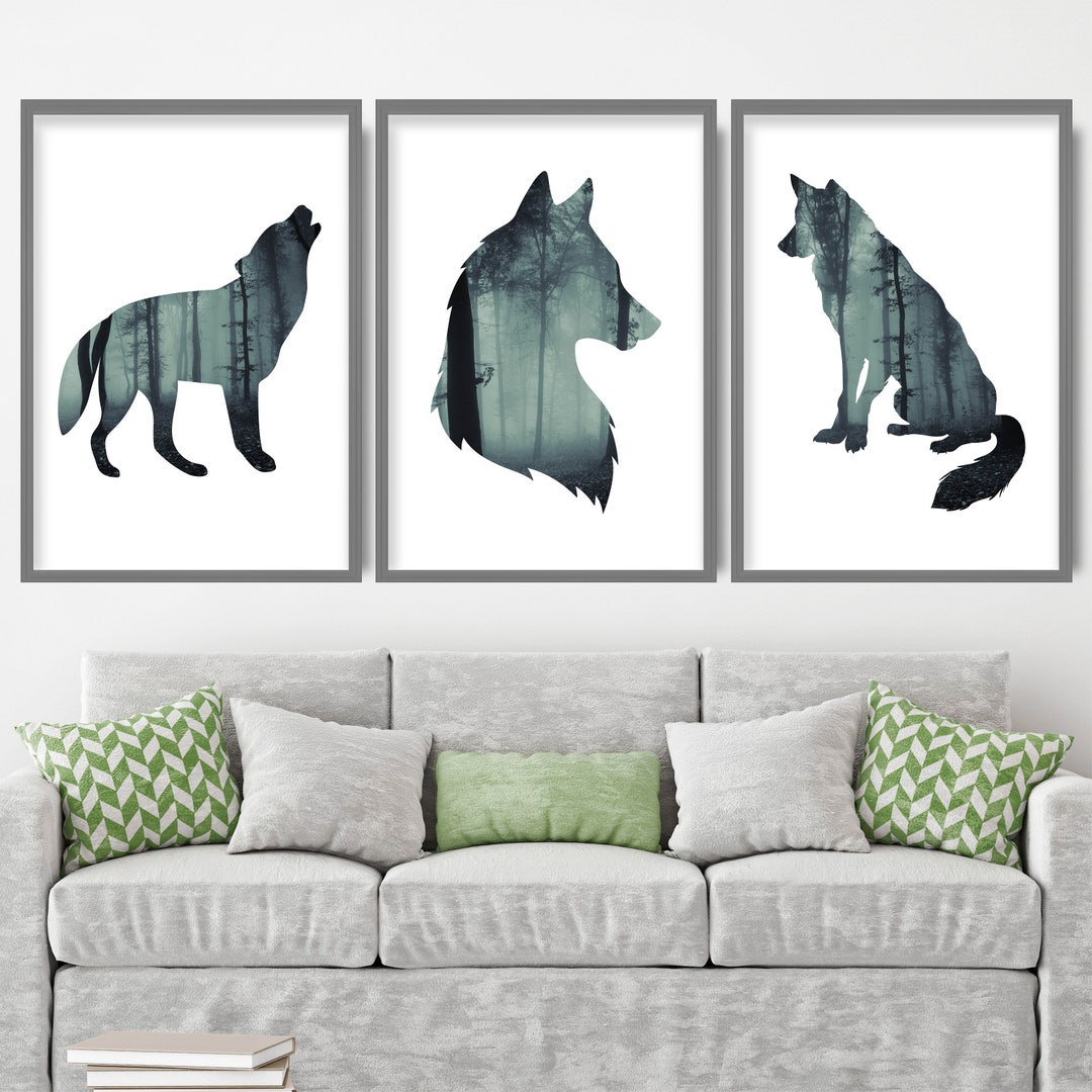 Set of 3 Prints Forest Fog Wolf Woodland Art Print Nordic Wildlife ...